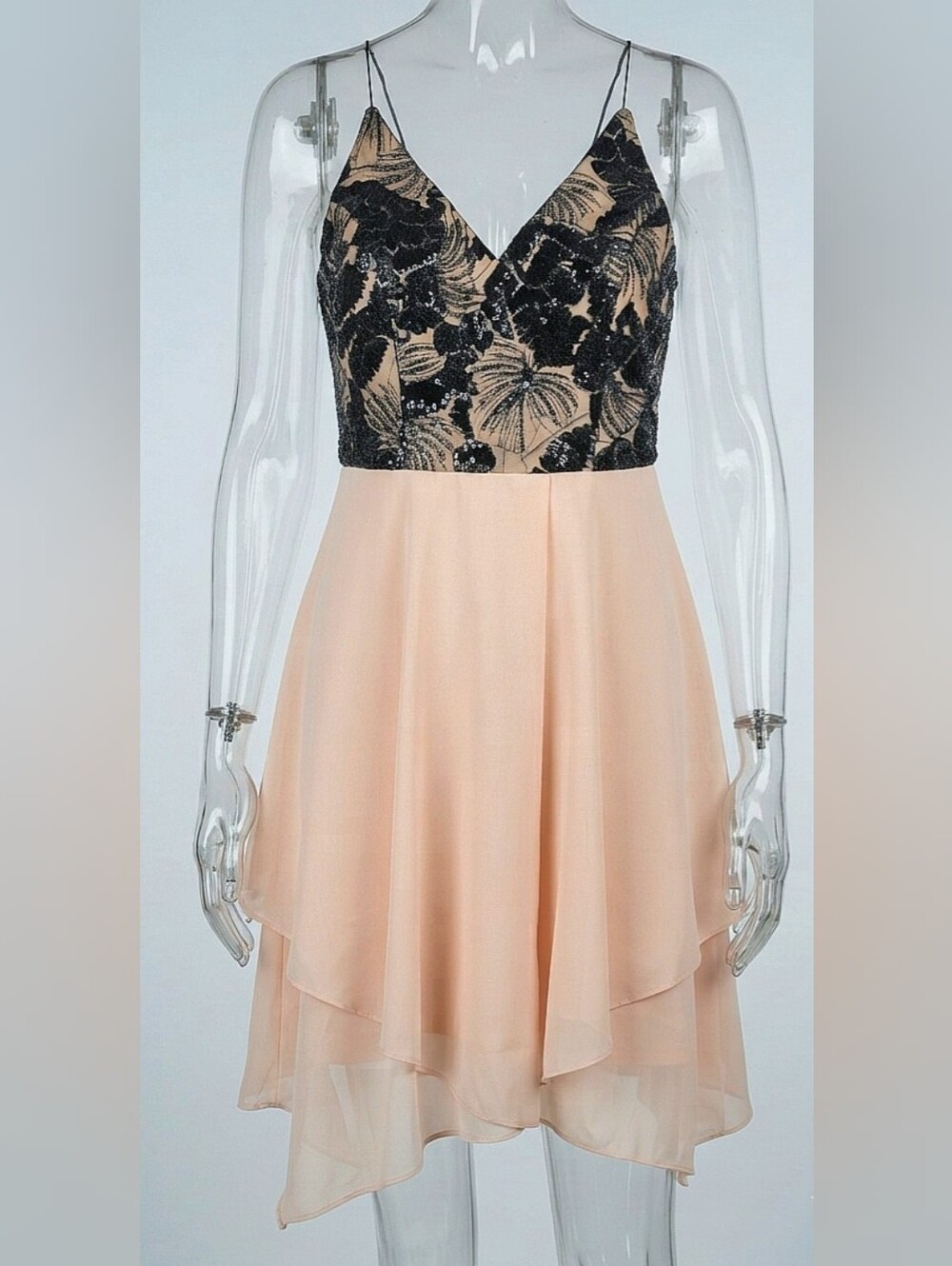 Black Sequin Bodice Peach Chiffon Layered Dress